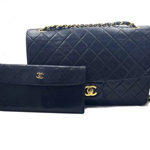 Chanel Vintage RARE Classic Flap Black Wallet Shoulder Bag Set